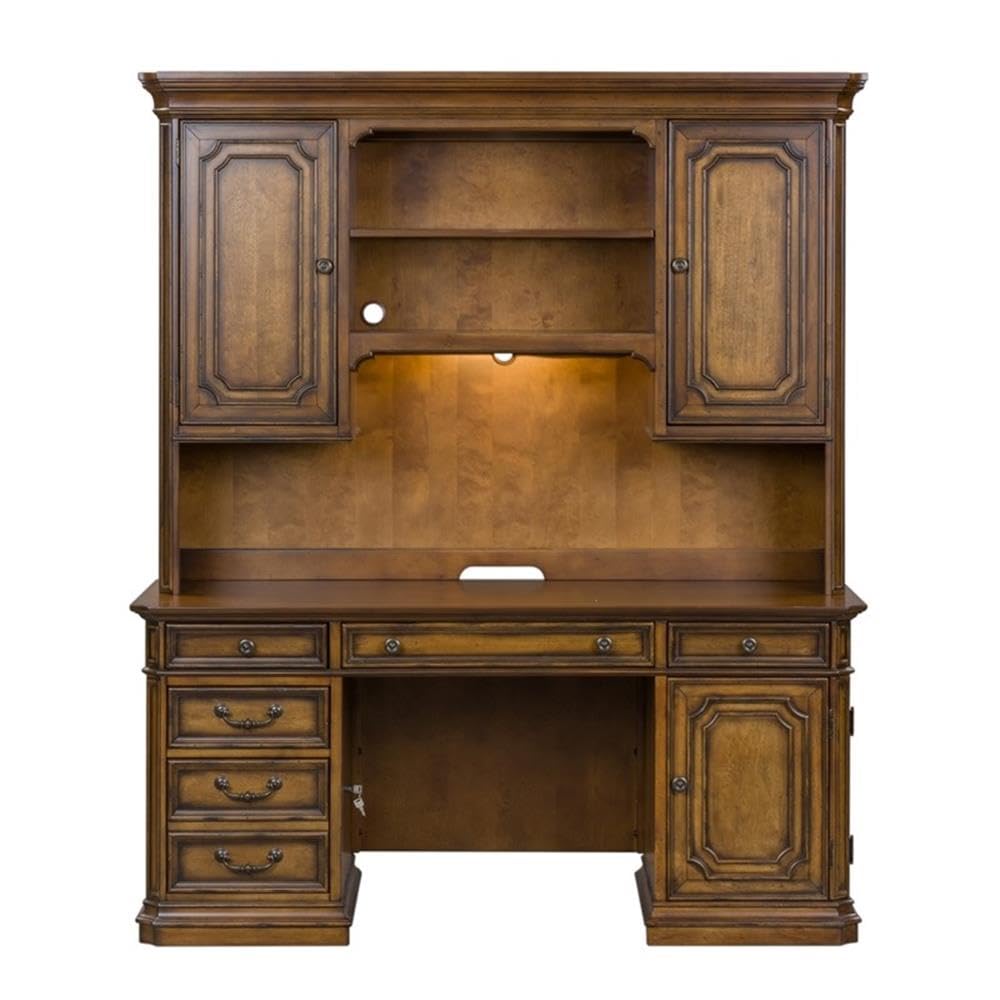 Pemberly Row Jr Executive Office Set, Medium Brown Finish, Antique Toffee Poplar & Birch Veneers, 5-Piece, Includes Desk, Credenza, Hutch, Adjustable Shelves, Touch LED Lighting, Wire Management