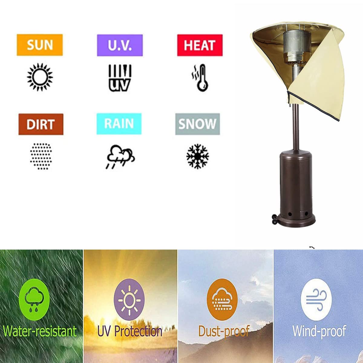 IDOXE Patio Heater Cover Waterproof with Zipper, Standup Classic Terrace Outdoor Round Heater Covers (Beige) (Top Cover Only)