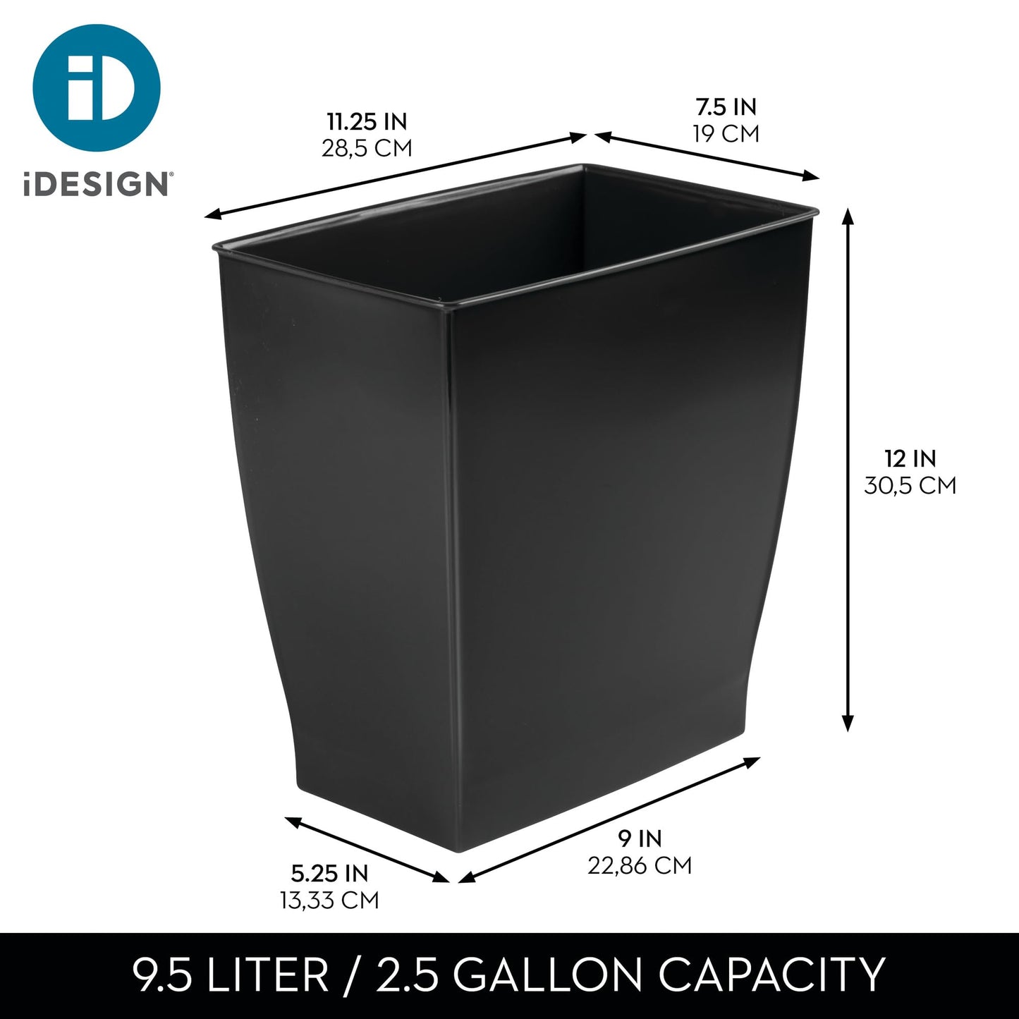 iDesign Small Plastic Bathroom Trash Can, Black
