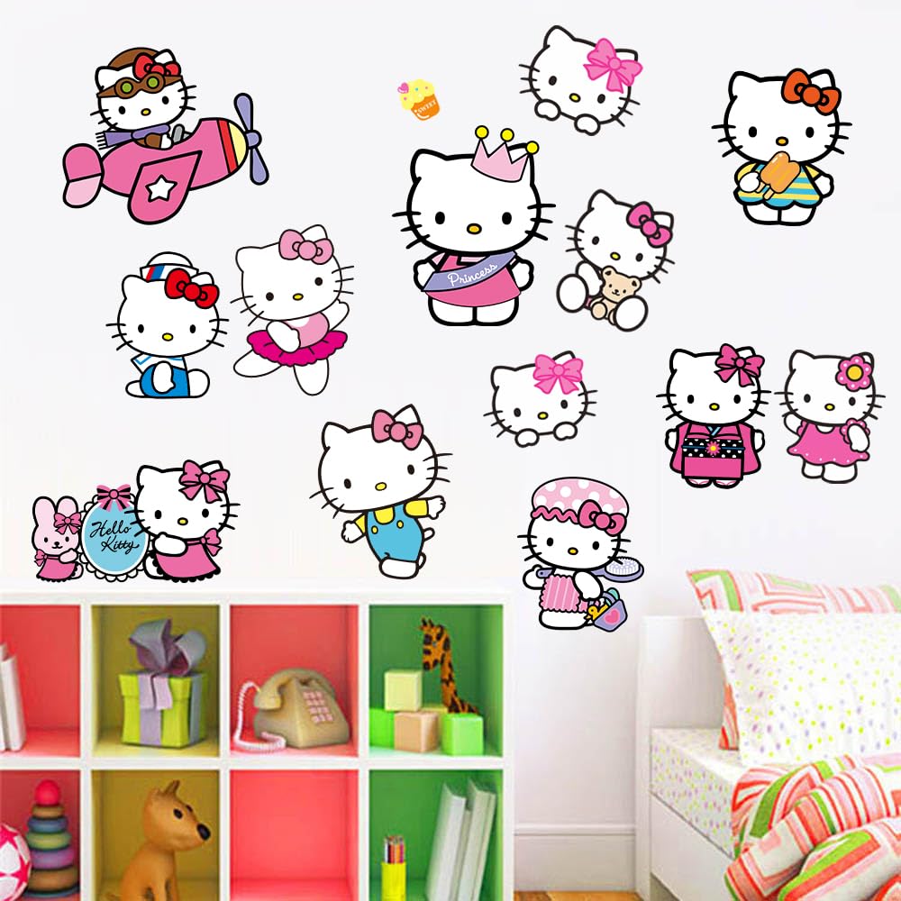 Bnqoe Kitty Cute Cartoon PVC Wall Decals | Self-Adhesive Removable Wall Stickers for Bedroom & Playroom Decor