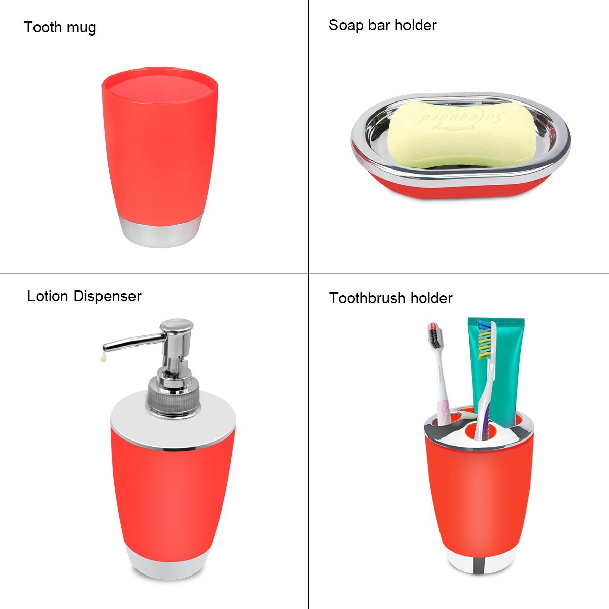 Bathroom Accessories Set, 6-Piece Plastic Gift Set, Toothbrush Holder, Toothbrush Cup, Soap Dispenser, Soap Dish, Toilet Brush Holder, Trash Can (RED)