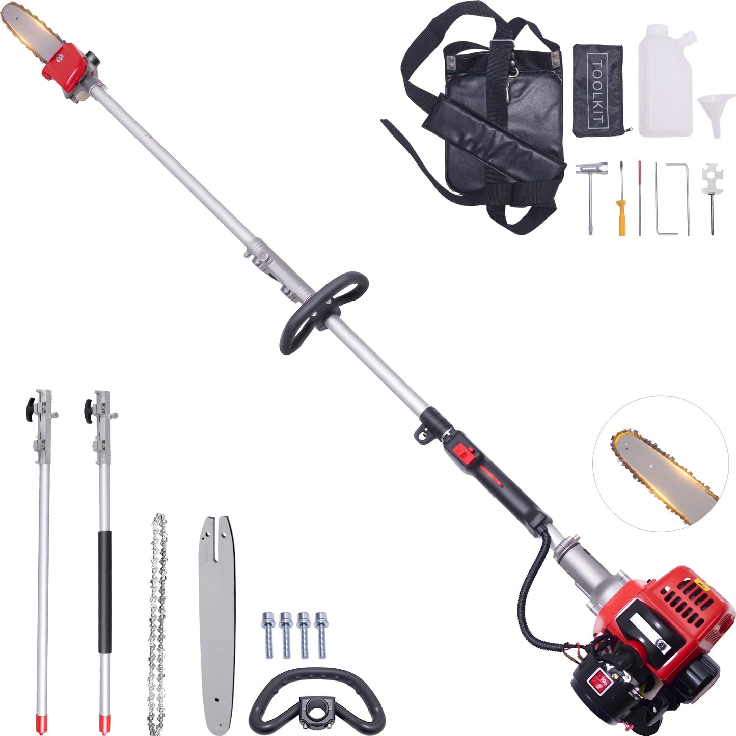 EIDOWA 48CC Gas Powered Pole Saw 16FT Reach, 3.5HP Gas Pole Saws for Tree Trimming with 11.8" Bar, Professional Gas Powered Chainsaw for Tall Trees, Safe Limb Pruner (Red)