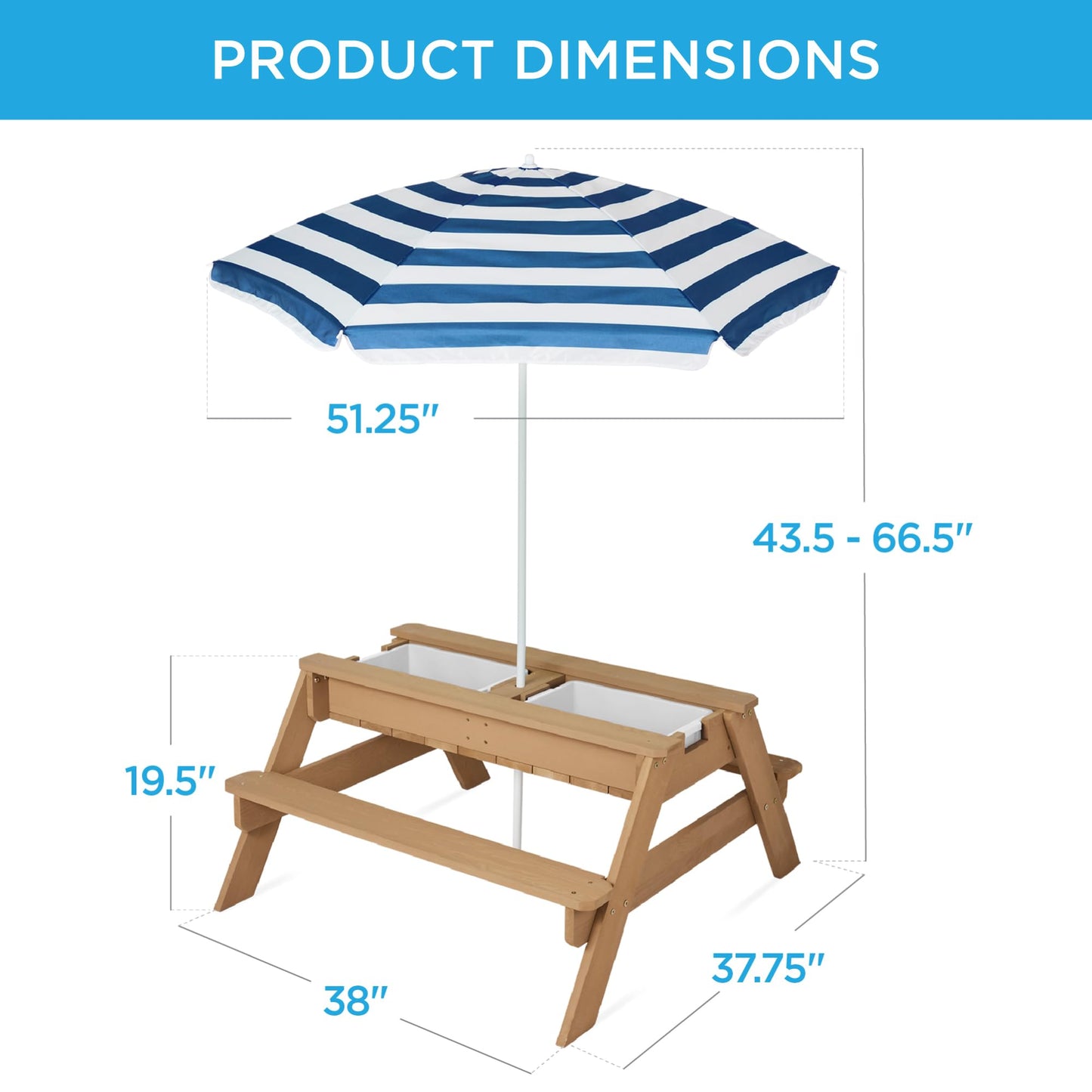 Best Choice Products Kids Picnic Table with Umbrella, 3-in-1 Sand & Water Table, Outdoor Convertible Picnic Table for Toddlers, Seats 4, Removable Top, 2 Buckets - Navy