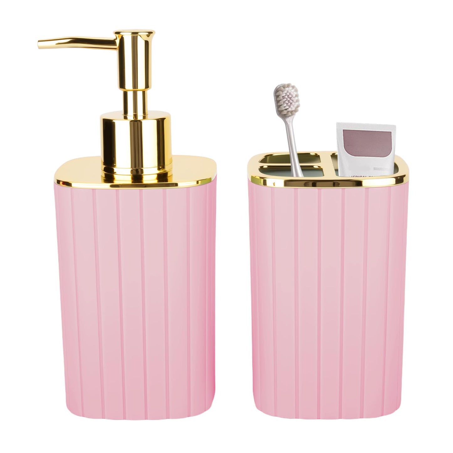 RRM 2PCS Bathroom Accessories Set,Pink Soap Dispenser and Toothbrush Holder