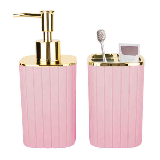 RRM 2PCS Bathroom Accessories Set,Pink Soap Dispenser and Toothbrush Holder