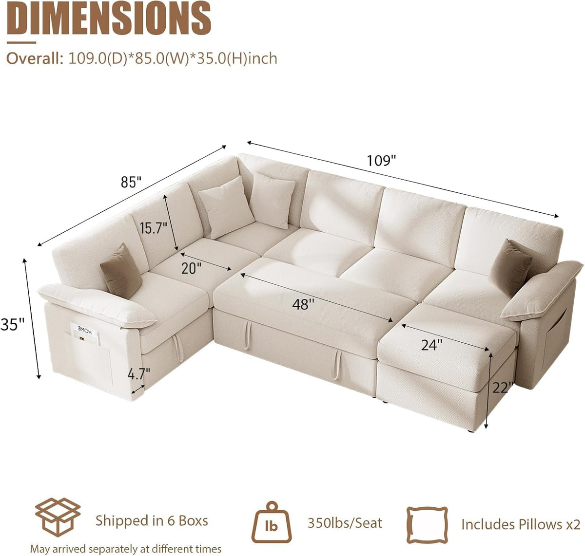 L  Sleeper Sofa 109" Modular Sectional Sofa with Pull Out Bed, Beige