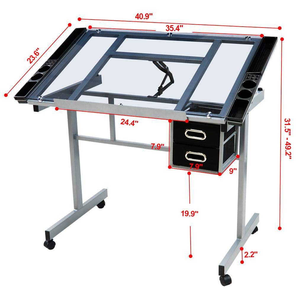 Yaheetech Glass Drafting Table with Storage, Adjustable Art Drawing Desk