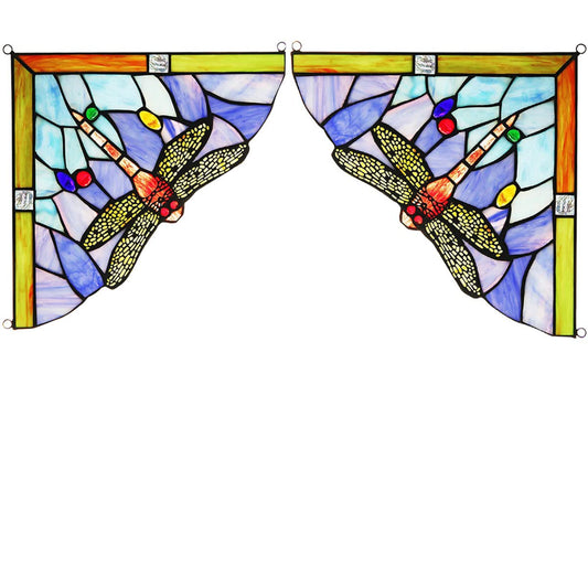 Capulina Blue Dragonfly Stained Glass Panel Window Door Corner(1 Pair)
