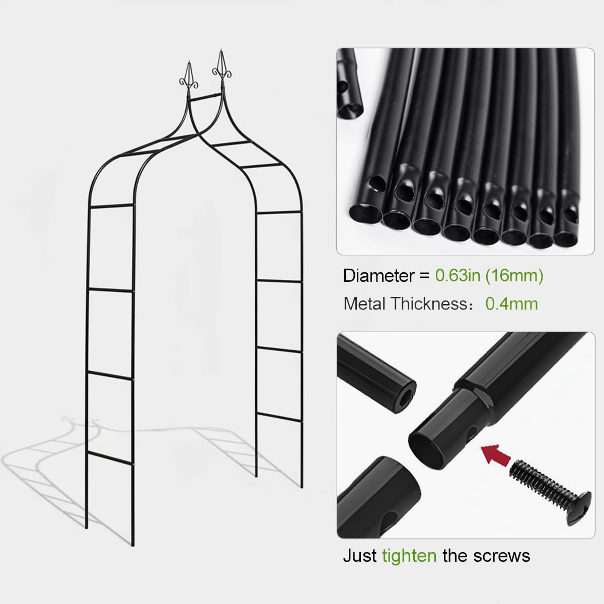 Thickened Metal Garden Arch,16mm Pipe Diameter Heavy-Duty Gothic Garden Arbor for Climbing Plant Roses Vines, Garden Patio Bridal Party Decoration Wedding Arch (Black, XL)