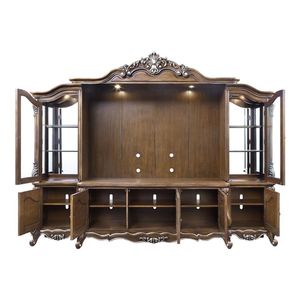 BOWERY HILL Transitional Wooden Entertainment Center, Antique Oak Finish, 121 in W x 23 in D x 96 in H, Poplar Wood MDF Veneer Resin Tempered Glass, Touch Light, Cord Management, Spacious Living Room