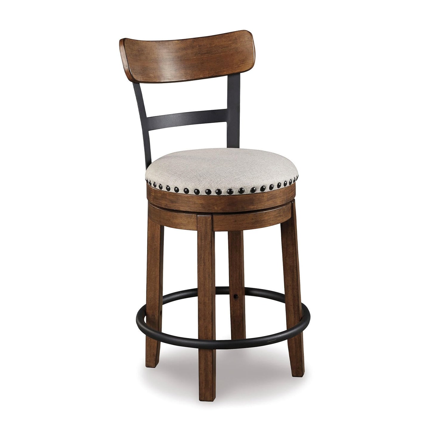 Signature Design by Ashley Valebeck Swivel Barstool With Back, Rustic-Industrial Wood and Metal, 360-Degree Swivel Counter Height Stool for Kitchen Island Seating, Linen Color