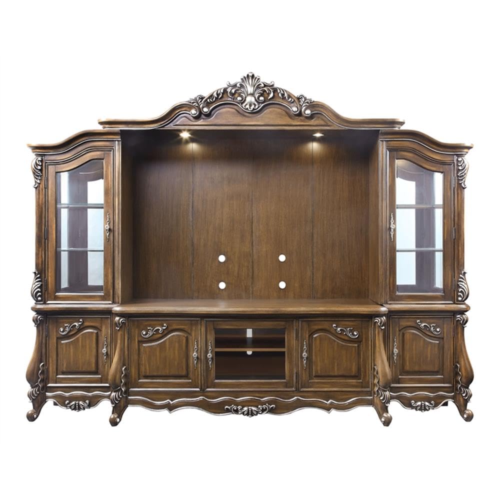 BOWERY HILL Transitional Wooden Entertainment Center, Antique Oak Finish, 121 in W x 23 in D x 96 in H, Poplar Wood MDF Veneer Resin Tempered Glass, Touch Light, Cord Management, Spacious Living Room