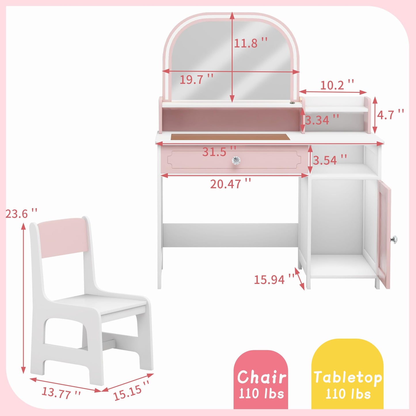 Vavkorkula Kids Vanity Set, Toddler Dresser Small Vanity Desk with Mirror and Lights for 3-8 Years Old, Wooden Dressing Table Kids Makeup Vanity Organizer Sets for Girls, Pink