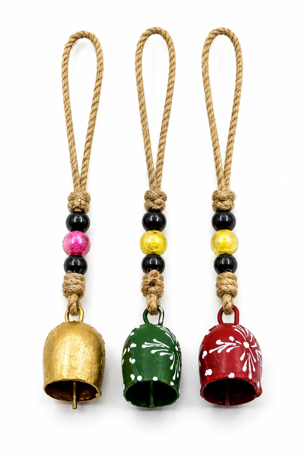 TA DIZAYN Handmade Decorative Bells, Gold Finish, Jute Rope, Rustic Style, Wall Hanging Decor, Door Knob, Wiccan Gifts for Home Wall Door (Beaded String Decorative Bells)