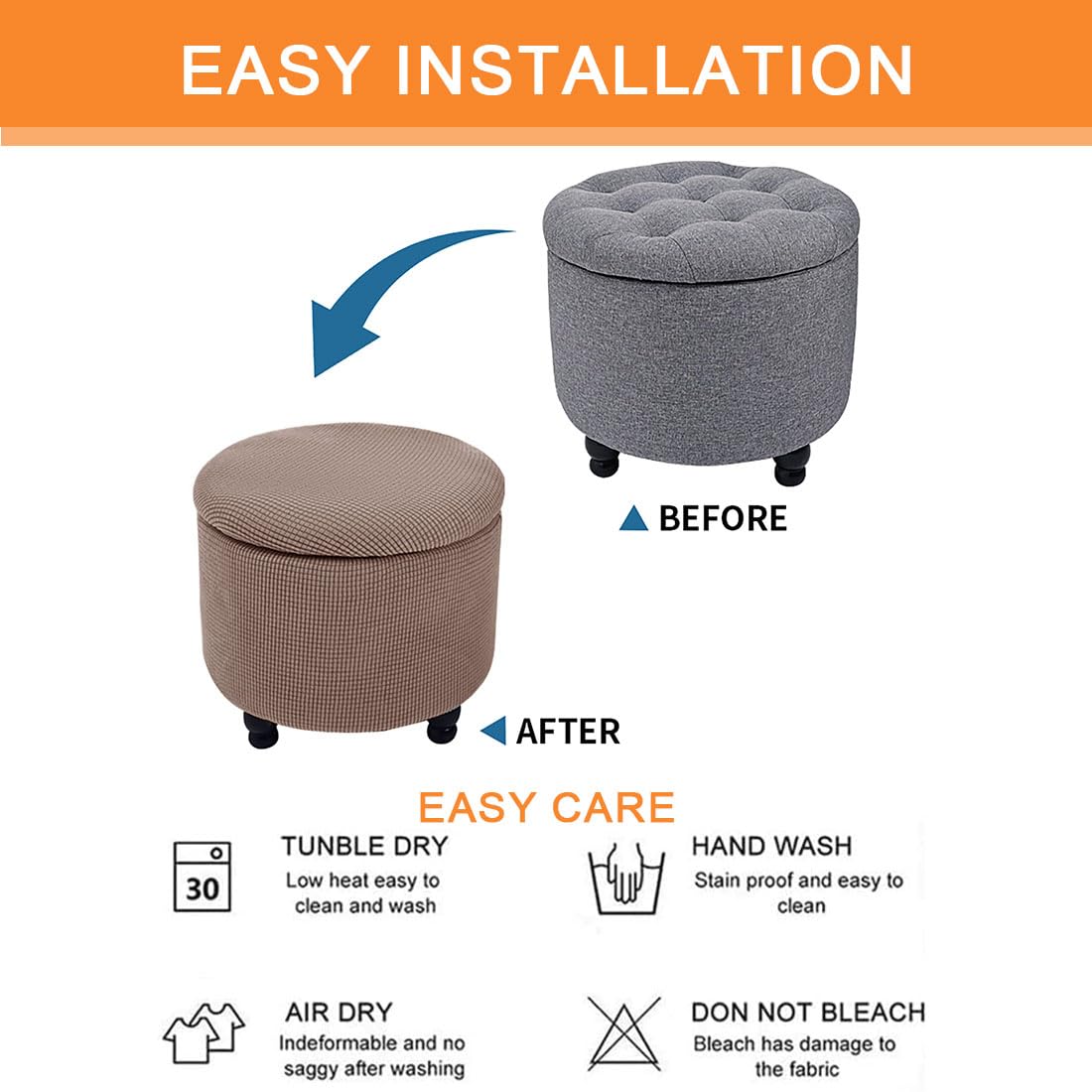 Lussenwert Round Ottoman Slipcover Stretch Soft Footstool Slipcover Corn Grid Storage Cover Folding Stool Covers Furniture Protector for Home Decor Khaki
