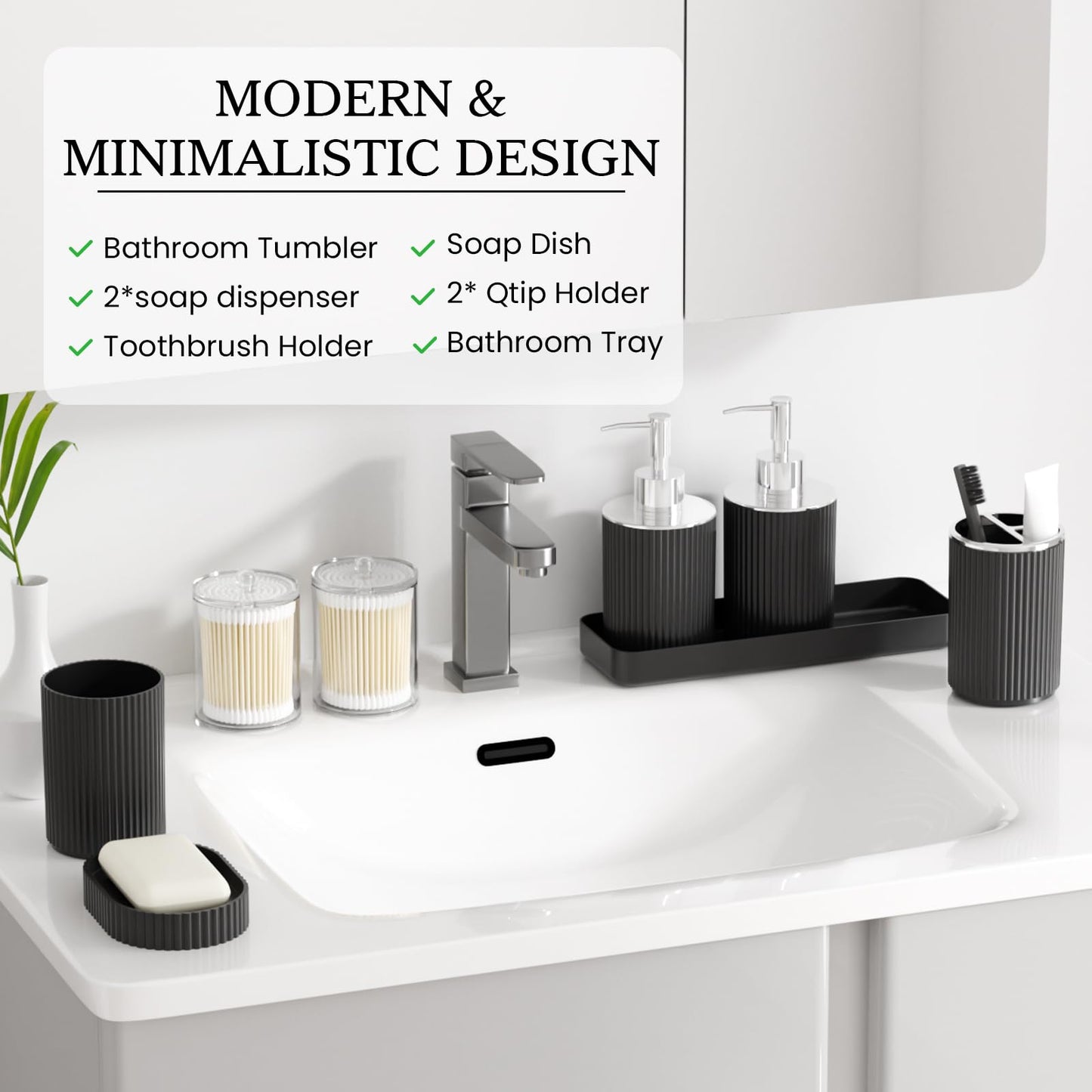InnJoey Black Bathroom Accessories Set, 10PC Bathroom Trash Can Set