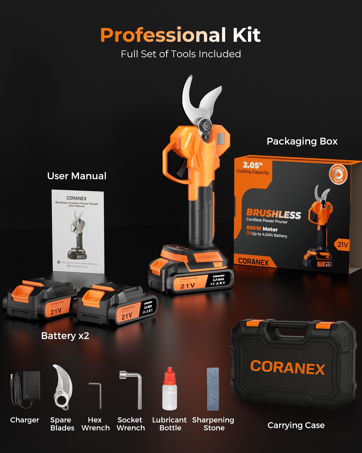 CORANEX 2.05'' / 56 mm Cordless Electric Pruning Shears | Longer Runtime | Brushless Motor | Anti-Slip Handle | Safety Switch | Ideal for Garden, Orchard & Tree Trimming