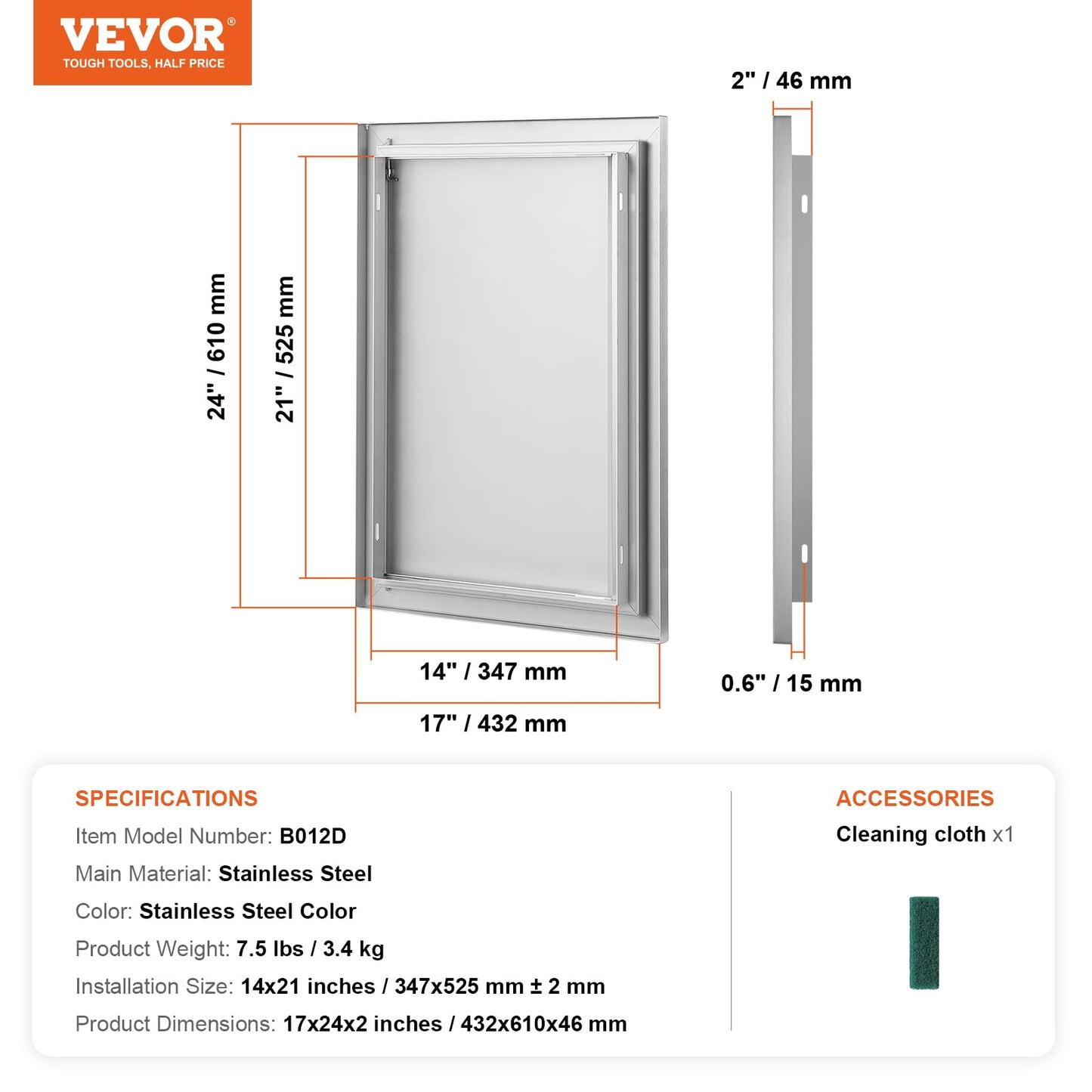 VEVOR BBQ Access Door, 17W x 24H Inch Single Outdoor Kitchen, Stainless Steel Flush Mount, Wall Vertical with Recessed Handle, for BBQ Island, Grilling Station, Outside Cabinet