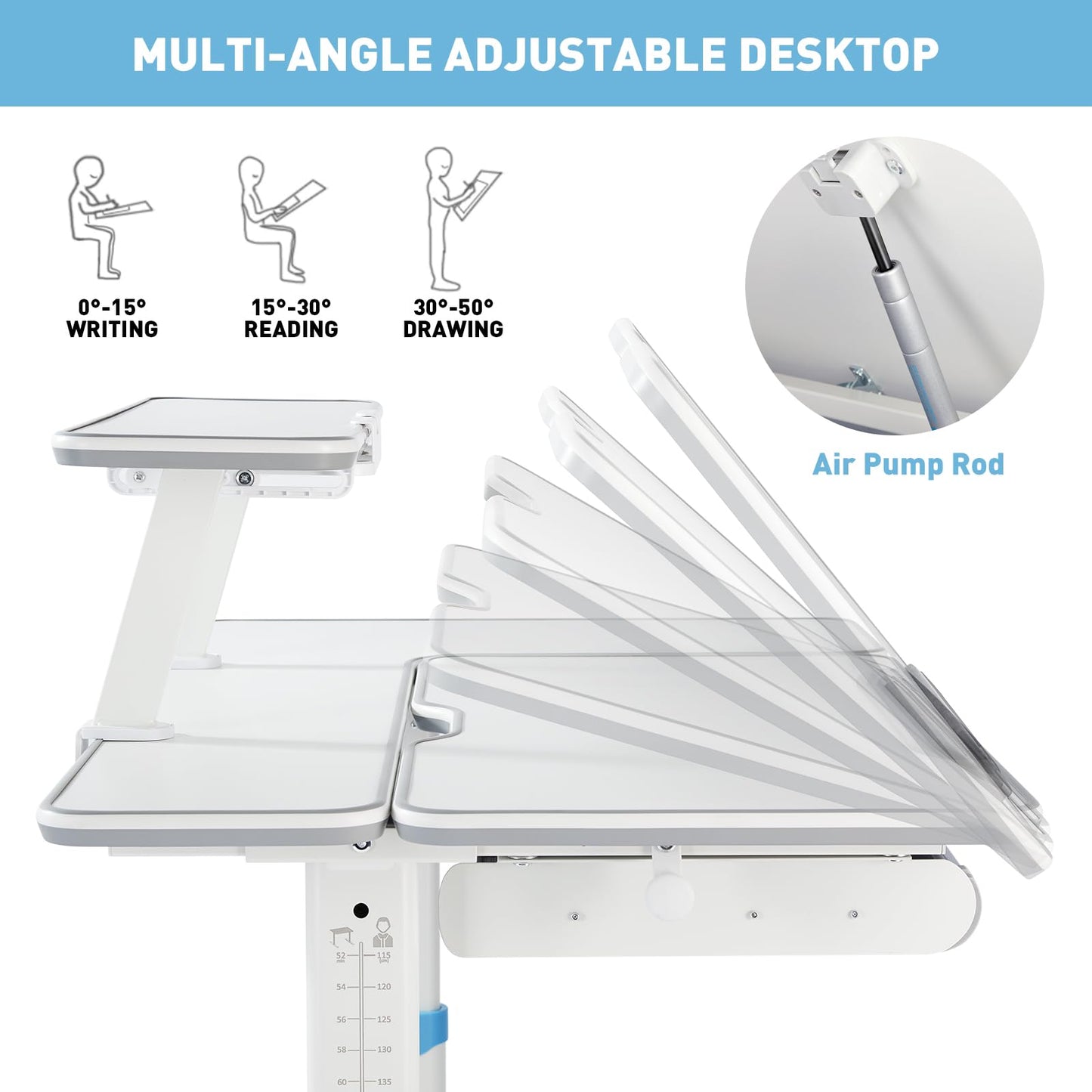 COSVALVE Premium Kids Study Desk and Chair Set,Adjustable Boys School Writing Study Table,Ergonomic Desk Chair with Large Writing Board Pull Out Drawer Bookstand Blue