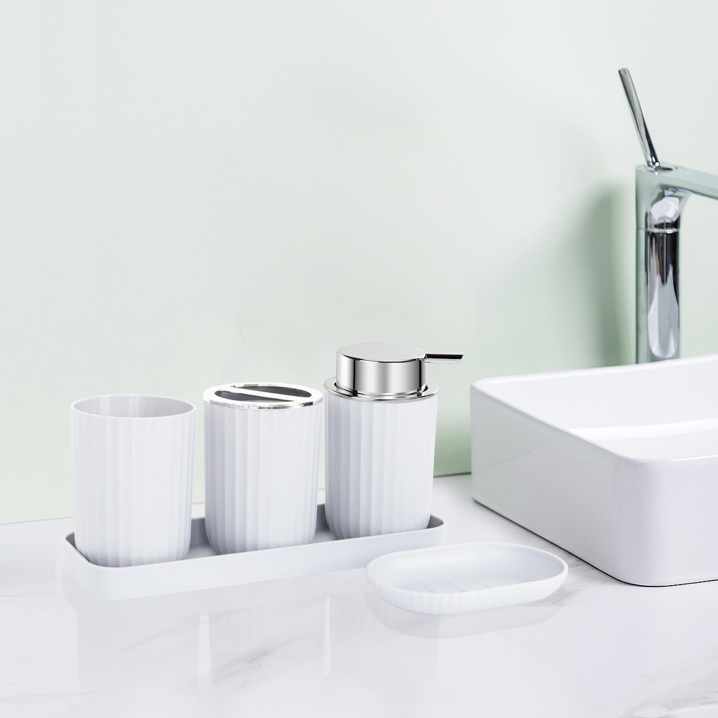 FEILANDUO Bathroom Accessories Sets Complete, 8 Pcs Bathroom Accessory Set with Trash Can, Soap Dispenser, Soap Dish, Toothbrush Holder,Toothbrush Cup,Toilet Brush and Qtip Holders,Vanity Tray (White)