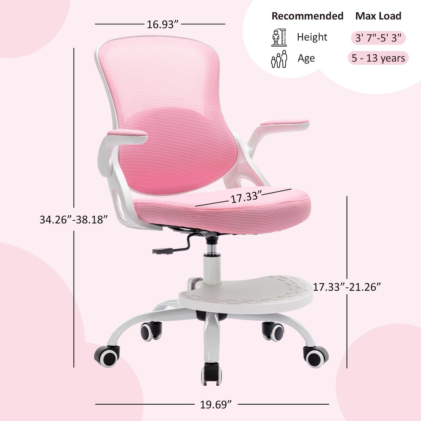 Kids Desk Chair,Ergonomic Study Chair with Adjustable Height,Swivel Mesh Desk Chair with Wheels,Home Office Chair for Children in Home Bedroom Pink
