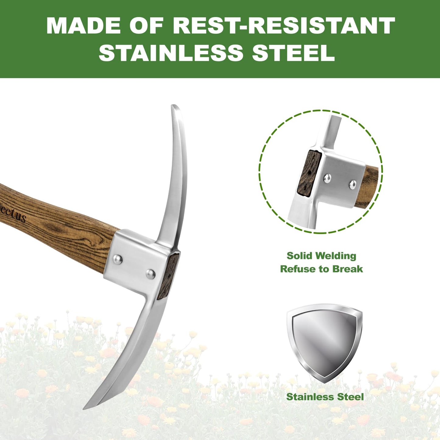 Haliaeetus Pick Axe, Stainless Steel Mattock with Sharp Pick and Cutting Edge for Breaking up Heavy Clay Soil, and Removal of Difficult Weeds, Garden Pick with Wood Handle for Digging, Loosening Soil
