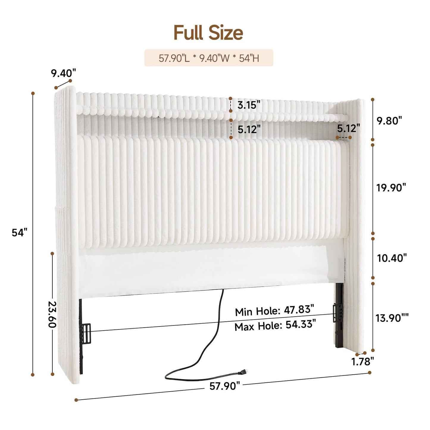 ONBRILL 54" Tall Headboard Full Size with Storage, LED Light, Corduroy Wingback Headboard with Charging Station, Upholstered Head Board Full w/High-Density Sponge Padding, Storage Pockets, Off White