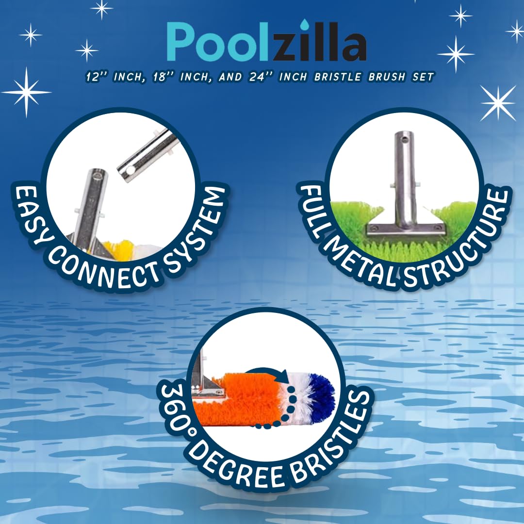 Poolzilla Pool Brush [3 Pack] - 360 Degree Bristles, with 12 Inch, 18 Inch, and 24 Inch for Outdoor and Indoor Swimming Pools, Spas, & Hot Tubs