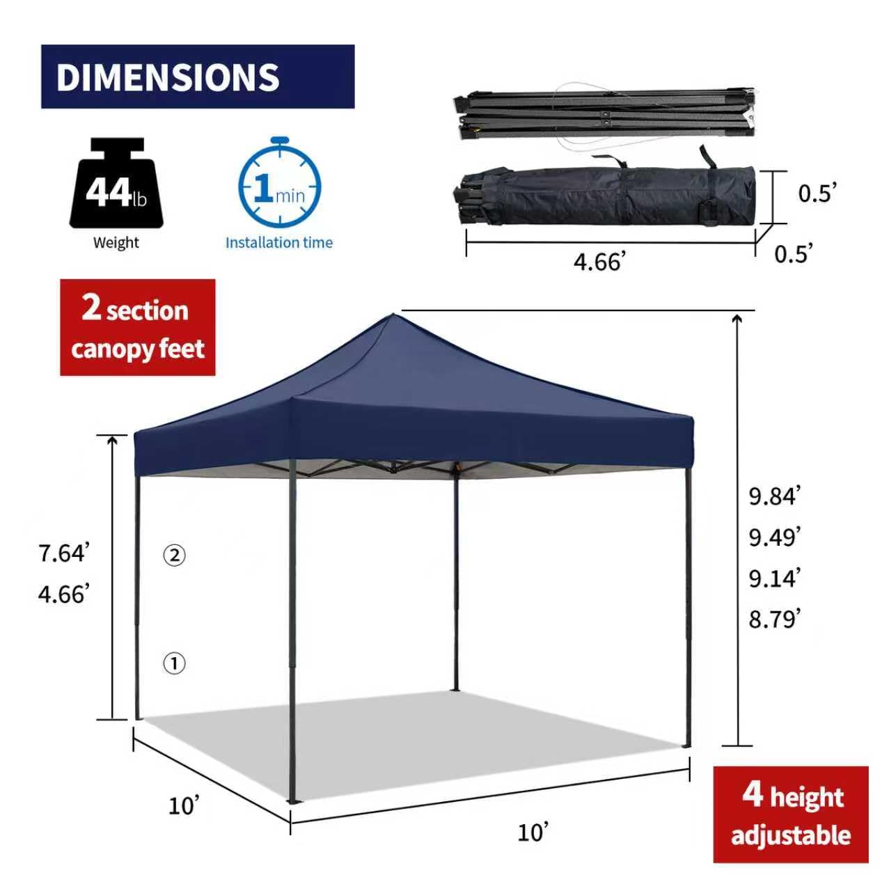 10x10 Pop up Canopy Tent with Awning Easy up Canopy with Wheel Bag Heavy Duty Waterproof Canopy Commercial Gazebo Tent for Outdoors Parties Vendors(Navy Blue)