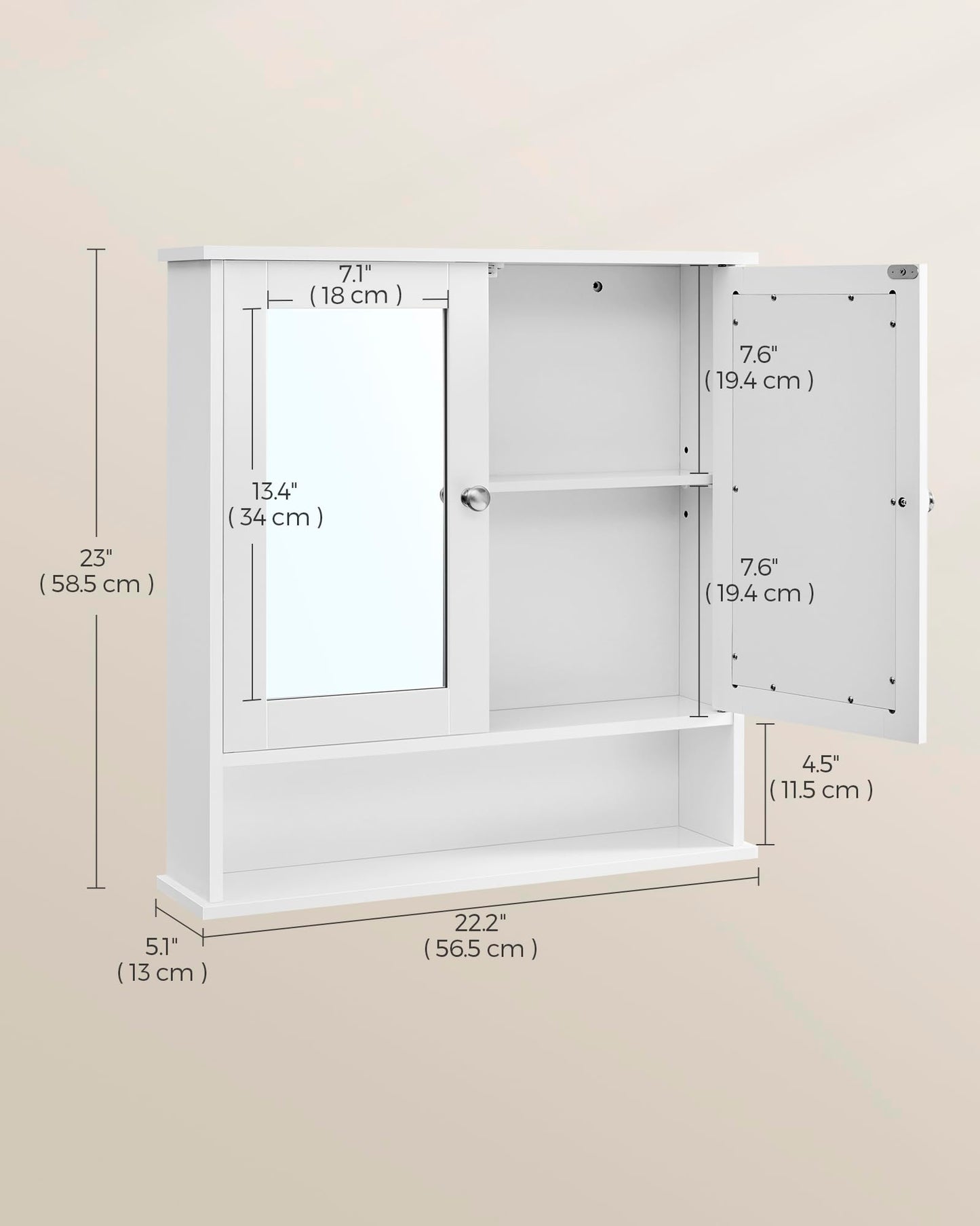 VASAGLE Bathroom Cabinet with Mirror, Wall Cabinet with 2 Mirrored Doors, Adjustable Shelf, Open Compartment, Wall-Mounted, 5.1 x 22.2 x 23 Inches, White ULHC002