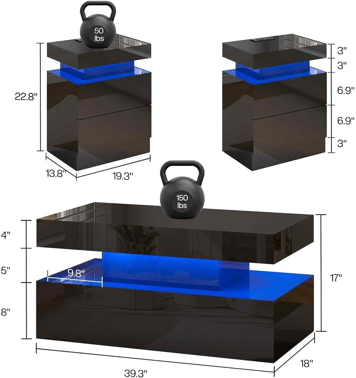 LUXOAK 3-Piece Modern Coffee Table Set with LED Lights