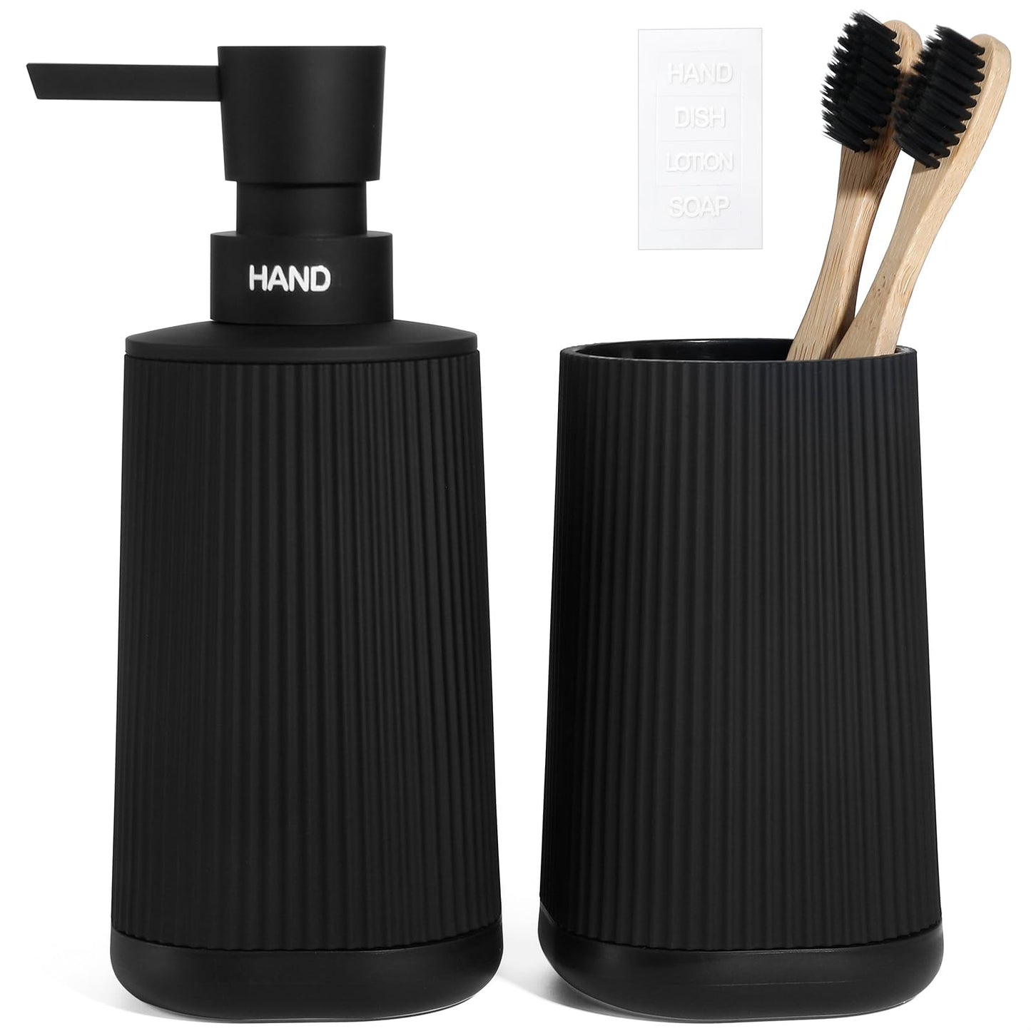 Black Bathroom Soap Dispenser and Toothbrush Holder Set with Non-Slip Base