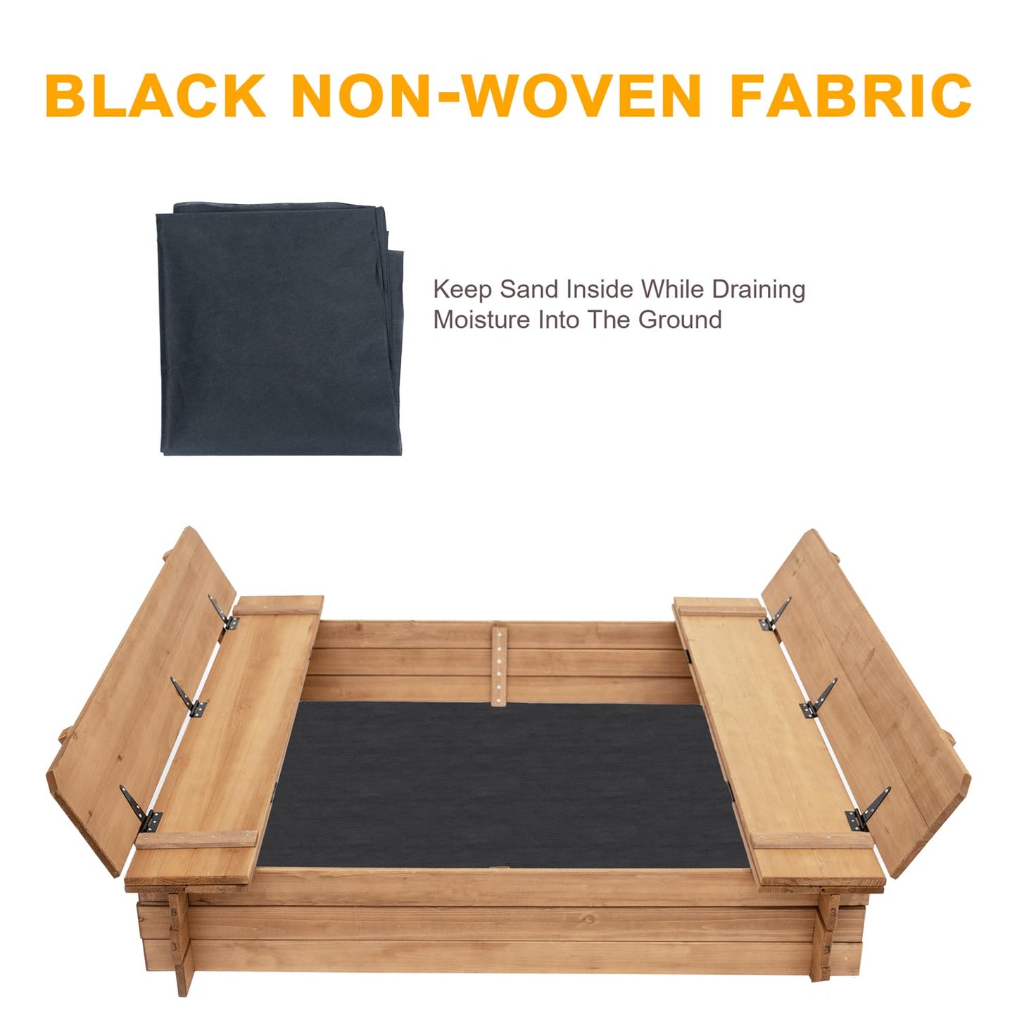BIRASIL Wood Sandbox with 2 Bench Seats, Sand Boxes with Lid for Kids, Sand Pit with Cover for Outdoor Backyard Patio, 48 Inch