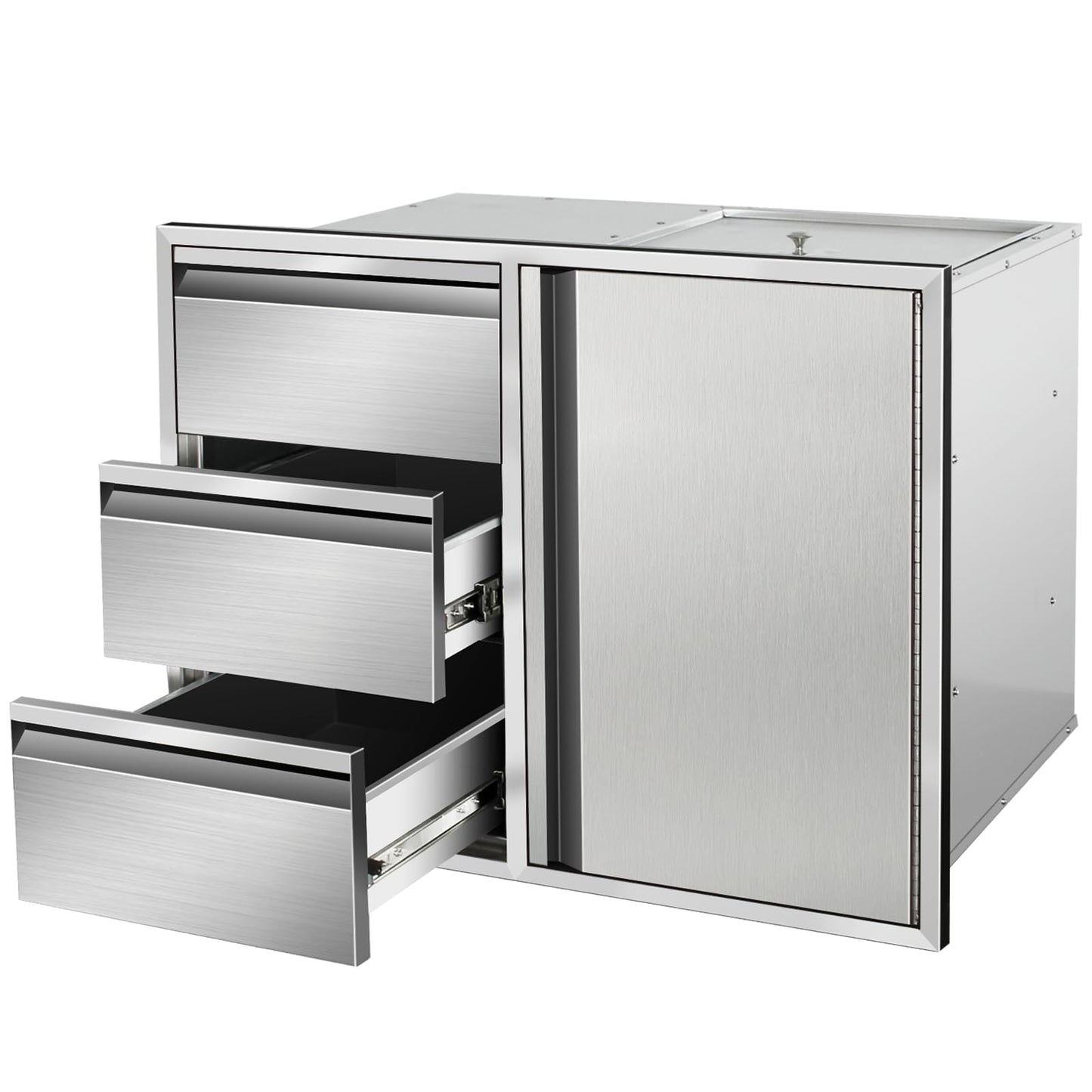 RUXVONB 28" W x 22" H x 19.5" D Stainless Steel Outdoor Kitchen Door Drawer Combo Cabinet, Built-in Triple Drawers and Right Access Door with Shelves for BBQ Island and Patio Grill Station
