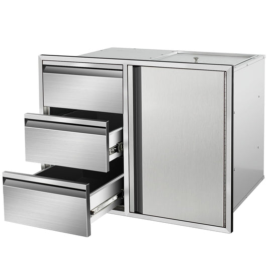 RUXVONB 28" W x 22" H x 19.5" D Stainless Steel Outdoor Kitchen Door Drawer Combo Cabinet, Built-in Triple Drawers and Right Access Door with Shelves for BBQ Island and Patio Grill Station