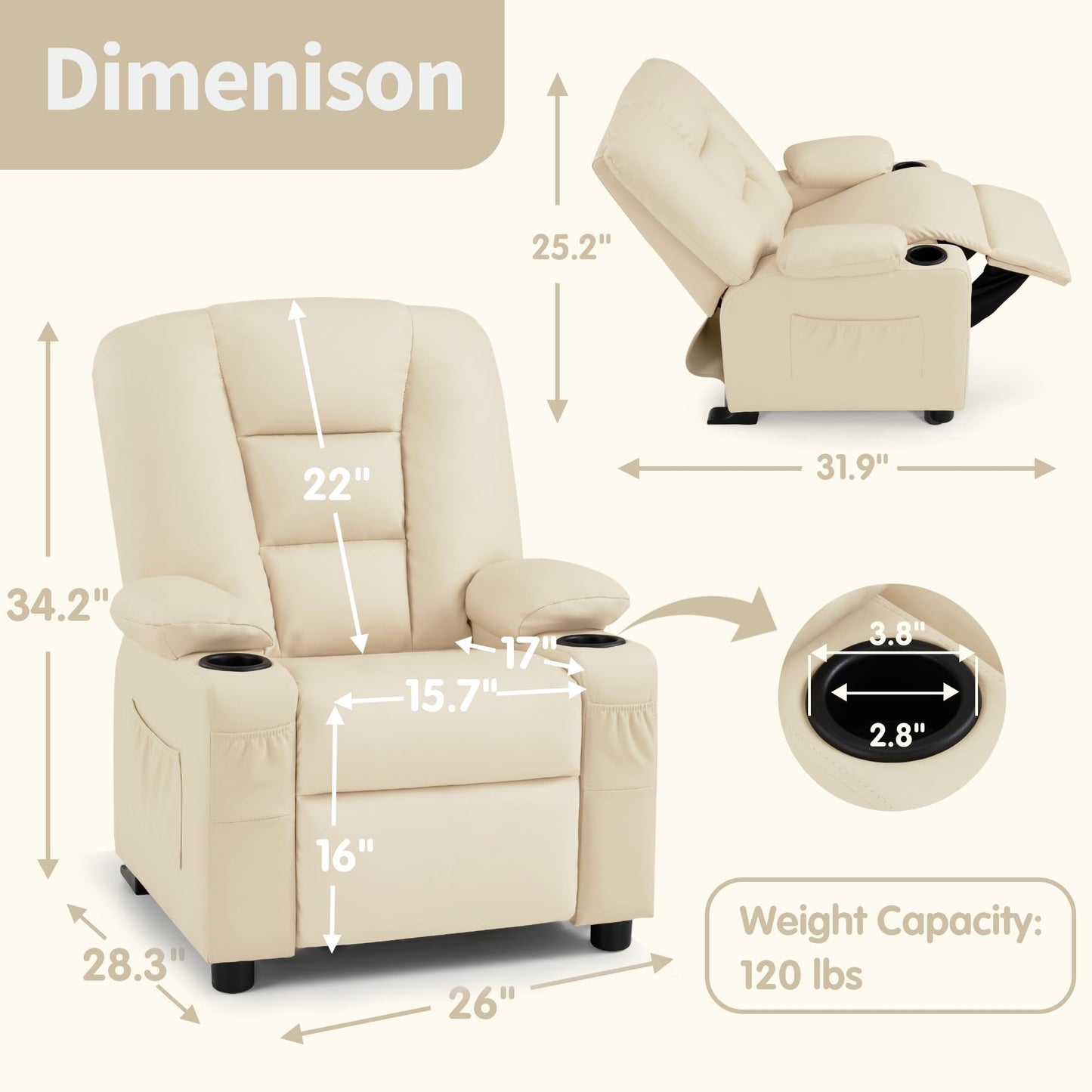 MCombo Big Kids Recliner for Ages 3+, Child Reclining Chair, Toddlers Recliner Sofa with Cup Holders, Faux Leather, 7322(Cream White)