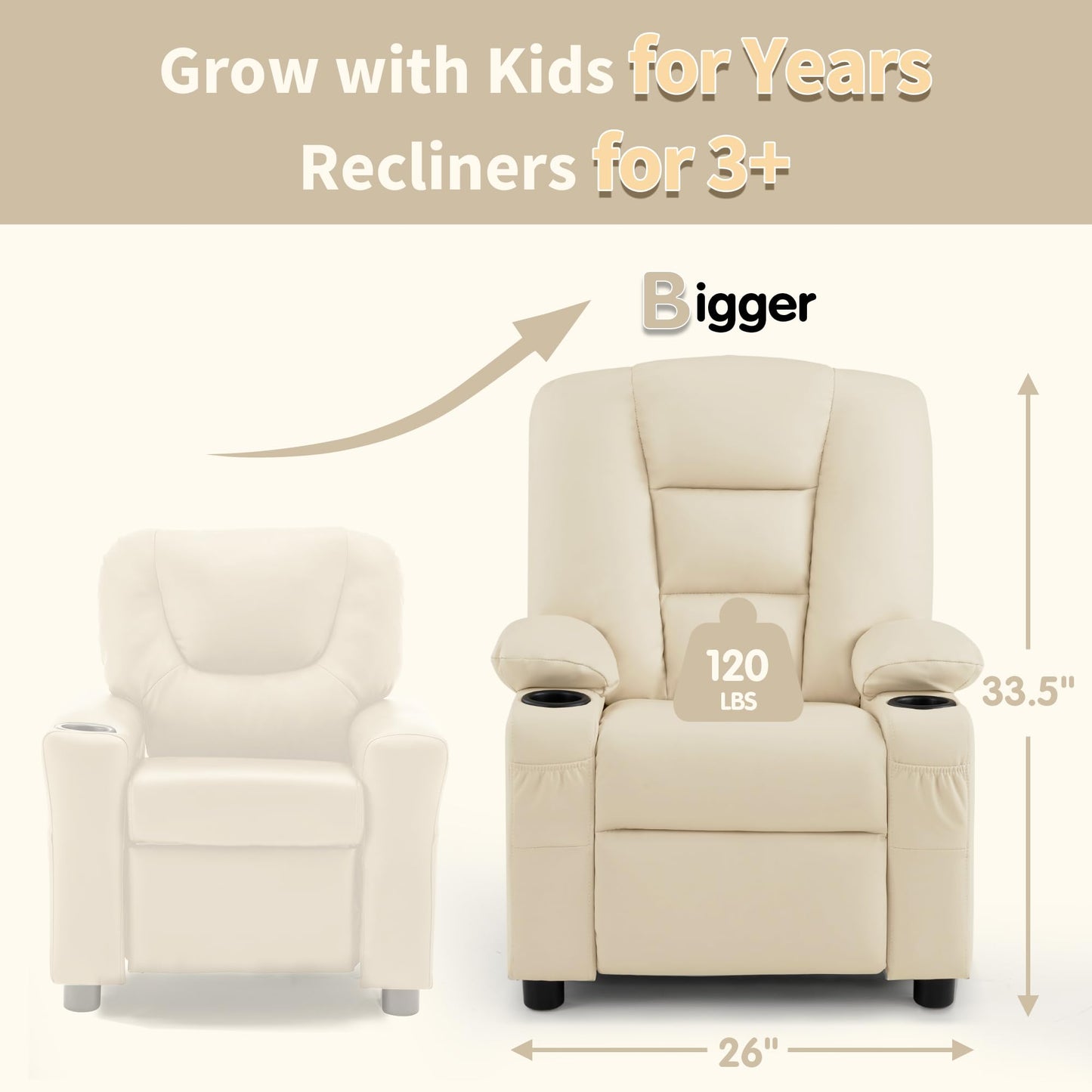 MCombo Big Kids Recliner for Ages 3+, Child Reclining Chair, Toddlers Recliner Sofa with Cup Holders, Faux Leather, 7322(Cream White)