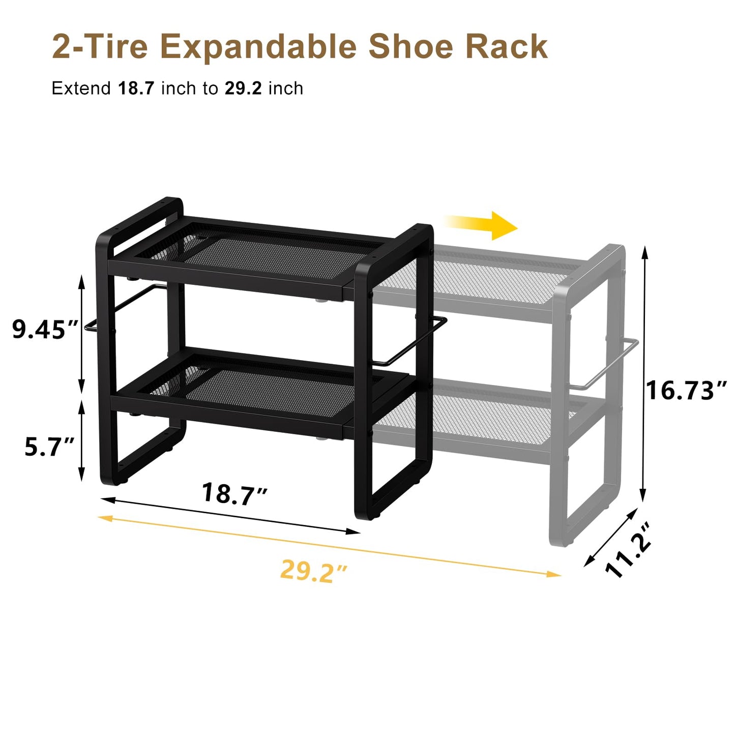 Gasvadivum 2 Tier Expandable Shoe Rack for Closet, Adjustable Heavy Duty Metal Shoe Organizer Shelf for Entryway, Stackable Shoe Stand Holder for Garage, Bedroom, Door Entrance, Black