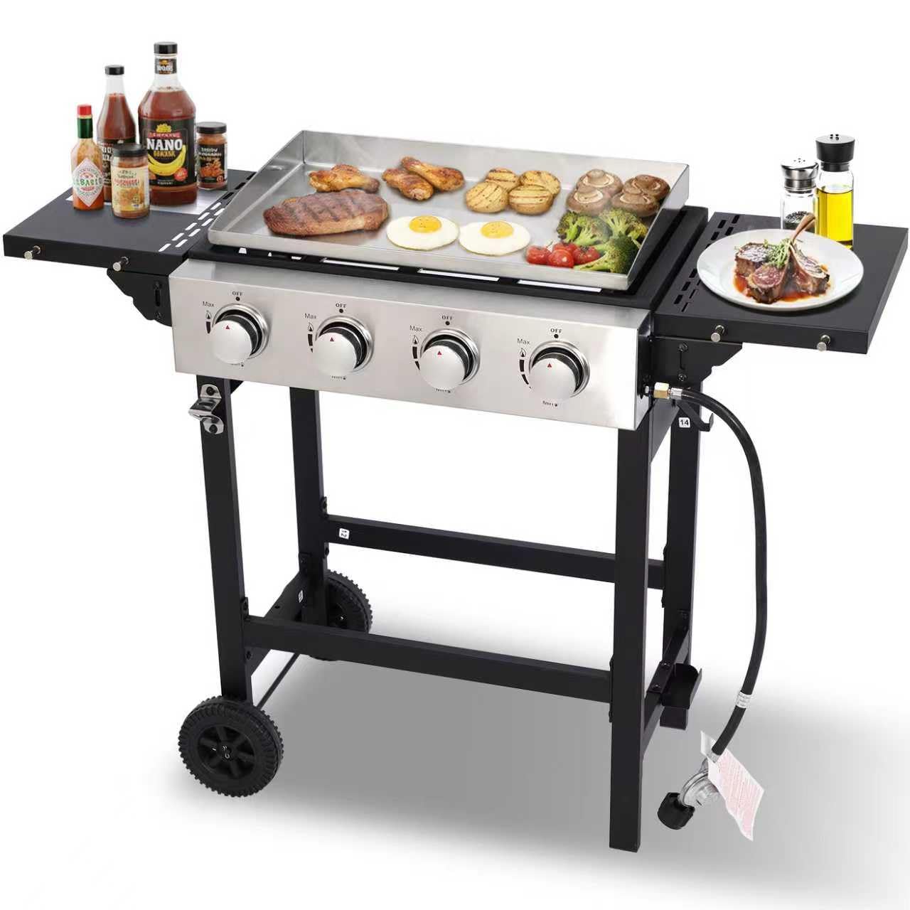 Flat Top Gas Griddle Grill with Stainless Steel Griddle, Includes Dust Cover & Regulator, Perfect for Camping & Tailgating (4-Burner)