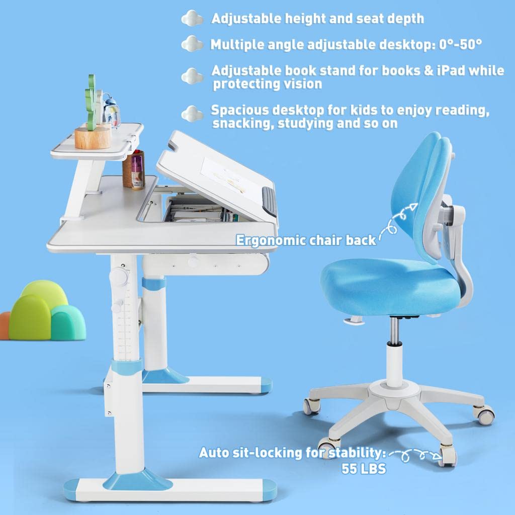 COSVALVE Premium Kids Study Desk and Chair Set,Adjustable Boys School Writing Study Table,Ergonomic Desk Chair with Large Writing Board Pull Out Drawer Bookstand Blue