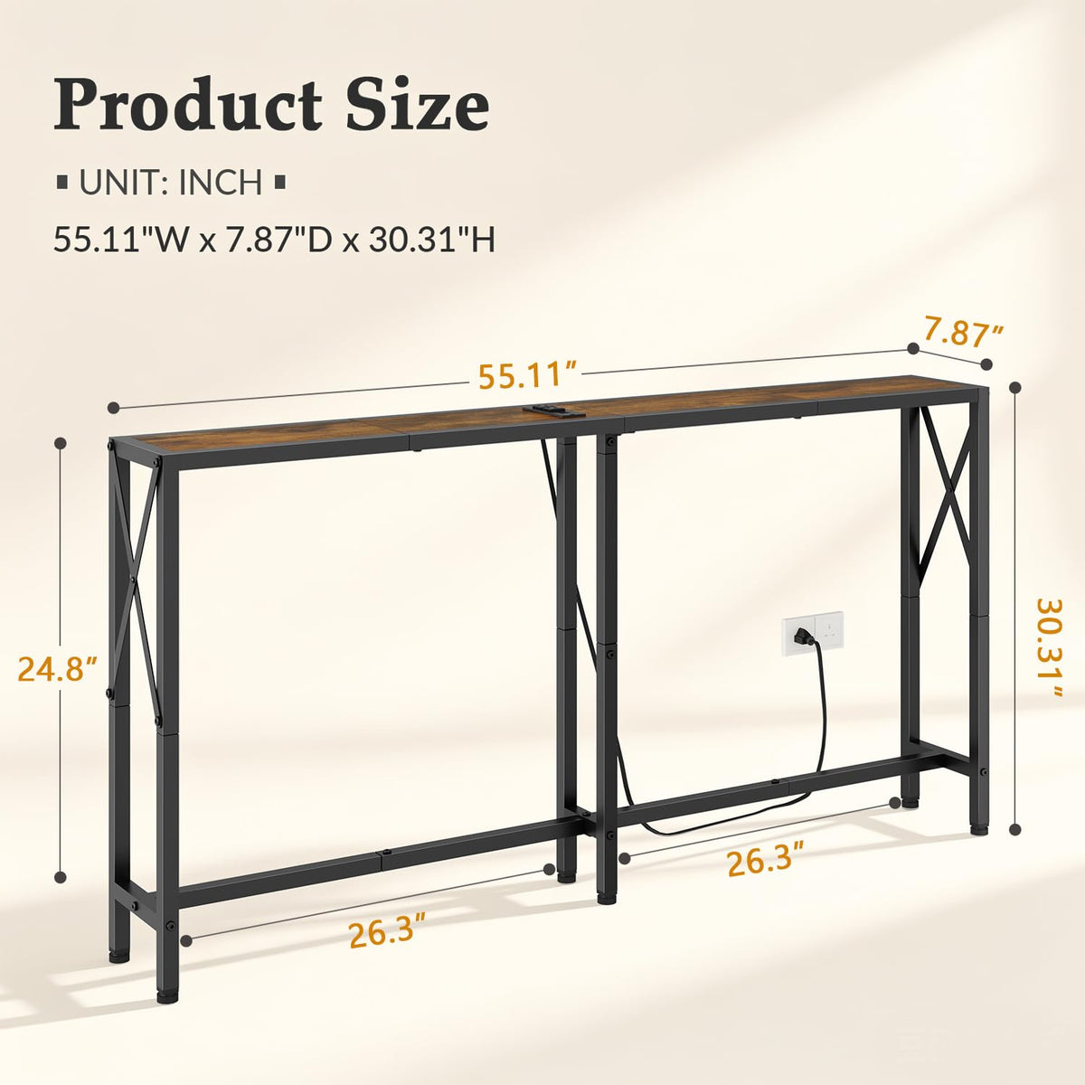 Gewudraw Narrow Console Table - 55.1" Sofa Table Behind Couch with Socket