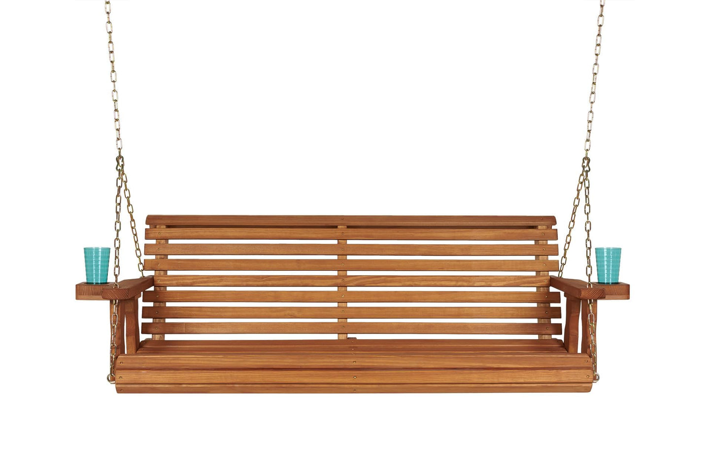 Amish Casual Heavy Duty 700 Lb Capacity Porch Swing with Cup Holders (5 Foot, Cedar Stain) – Wooden Outdoor Roll Back Swing with Hanging Chains – Amish Made in the USA