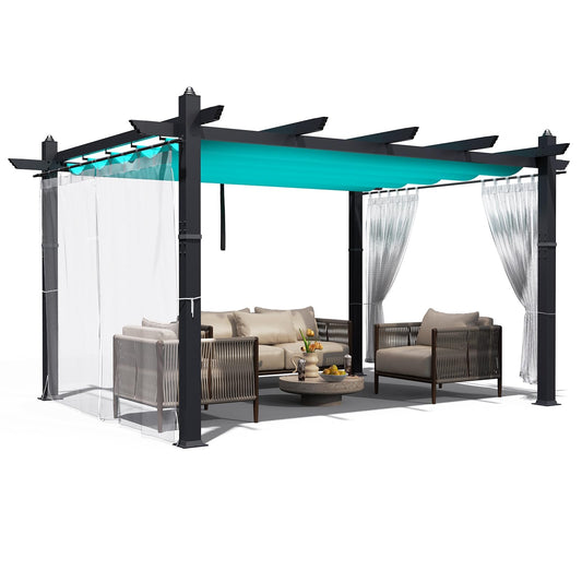 Aluminum Pergola with Retractable Canopy, 10x13 ft Sun Shade, Rust-Resistant Outdoor Pavilion for Patio, Backyard, Deck, Poolside, Waterproof, Grape Trellis, Blue with Curtains and Mosquito Netting