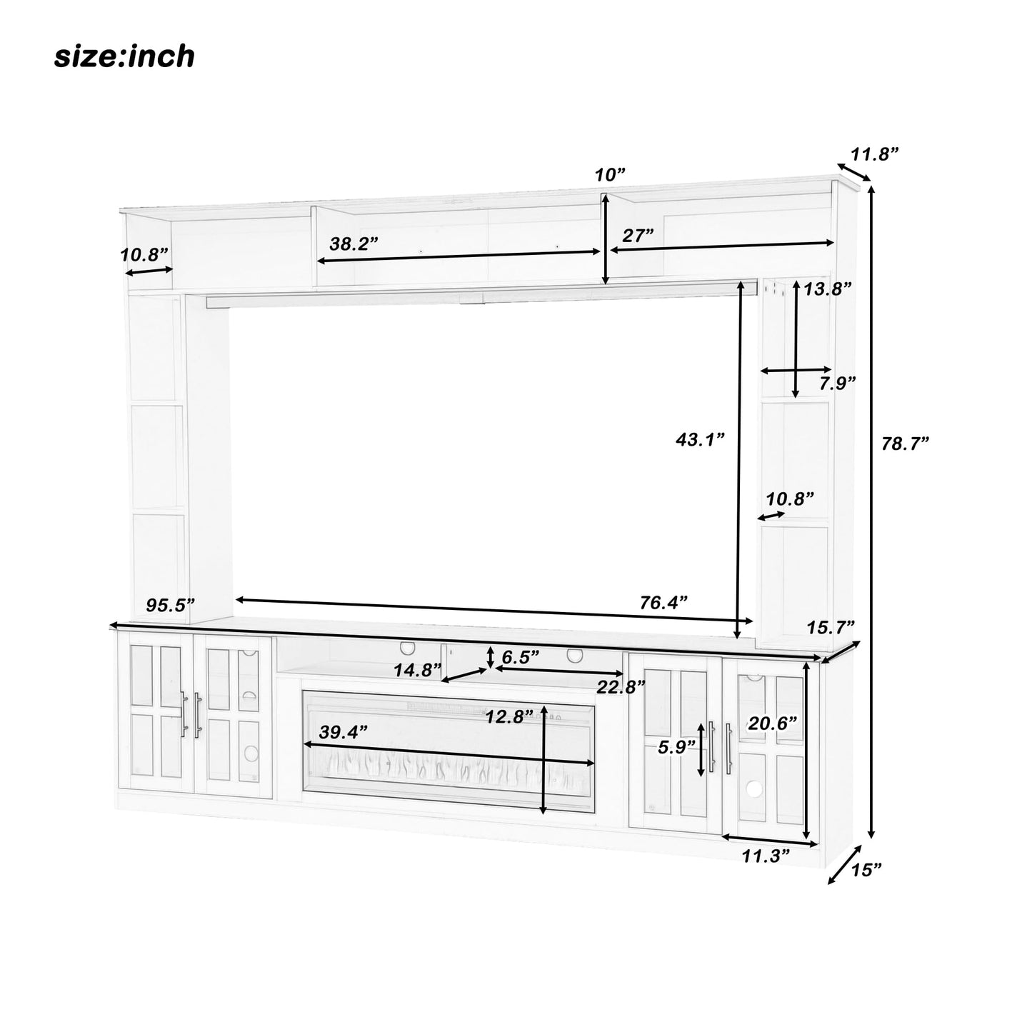 TUNGTAR Entertainment Center with Electric Fireplace, Solid Wood, Modern Farmhouse, for TVs up to 80", Glass Cabinet Doors, Adjustable Shelves, 95.5" W (White + Walnut)