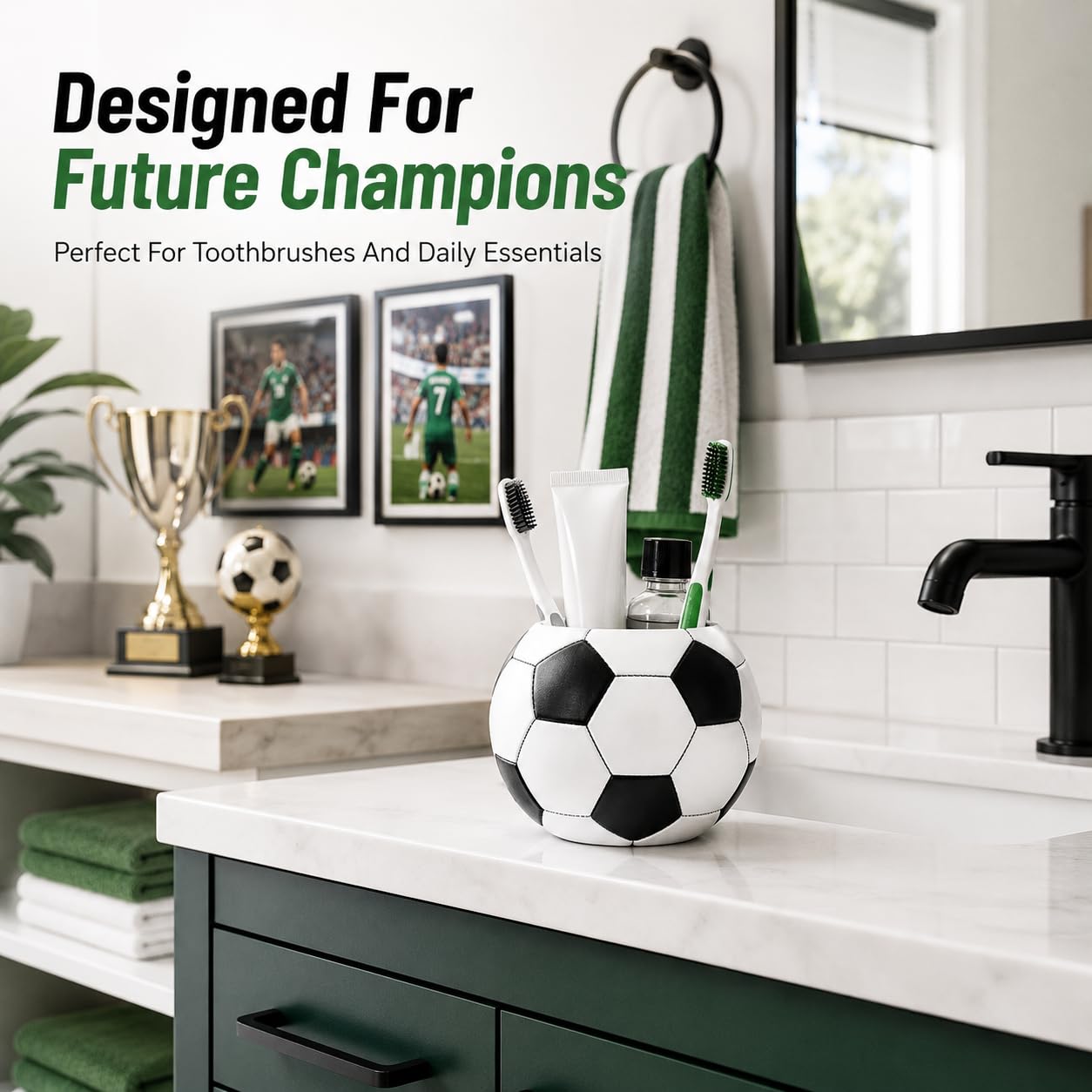 YangShiMoeed 4-Piece Sports Bathroom Accessories Set Complete with Basketball Lotion/Soap Dispenser,Soccer Bath Cup/Tumbler,Base Ball Soap Dish,Football Toothbrush Holder