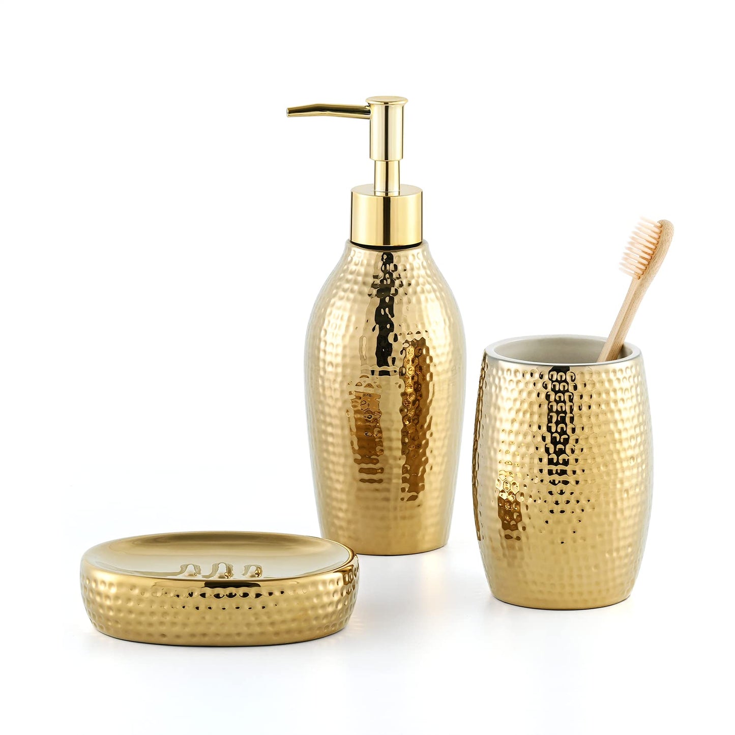 Gold Bathroom Accessory Set - 3 Piece Decorative Ceramic Bathroom Accessories Sets with Lotion Soap Dispenser, Toothbrush Holder/Tumbler and Soap Dish, Golden Gift Set for New Home Decor