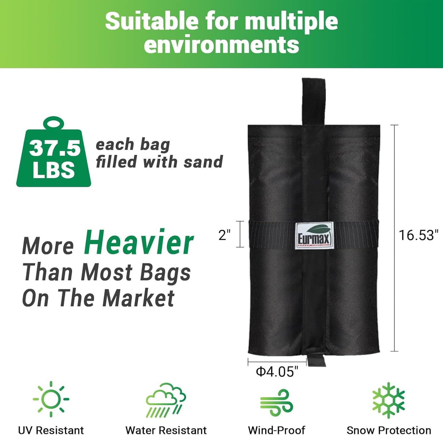 Eurmax USA 4-Pack 150LBS Capacity Universal Canopy Weight Bags,Heavy Duty Windproof Sandbags with All-Around Wrap Design,Ultimate Stability for Pop Up Tent,Shelter in High Winds(Sand Not Included)