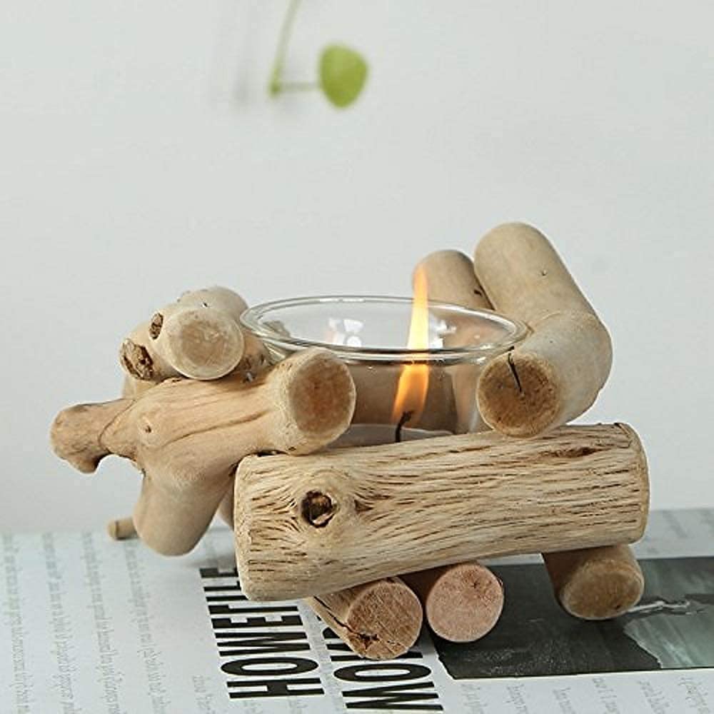 Sziqiqi Wooden Tea Light Candle Holder with Tealight Glass