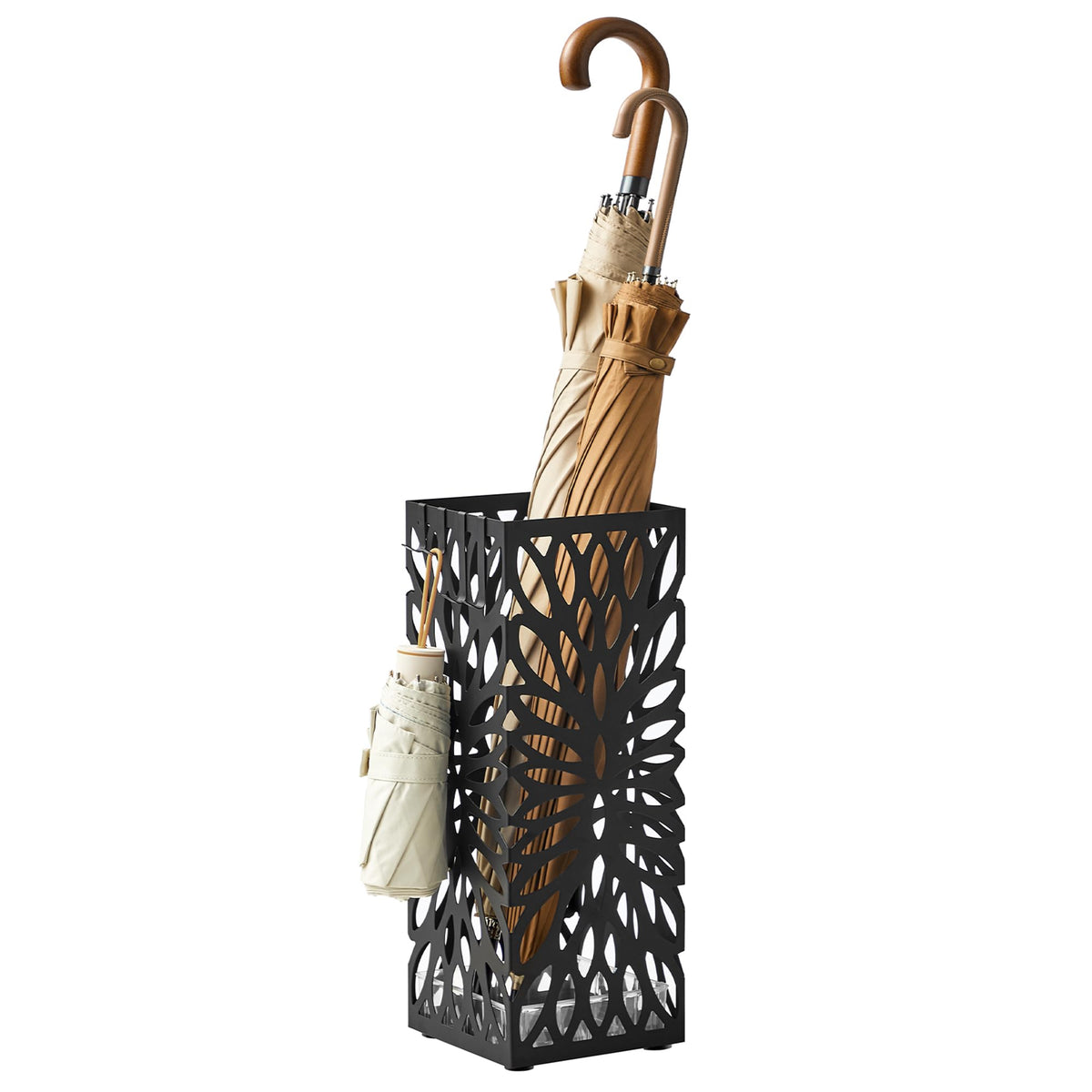 SONGMICS Umbrella Stand, Steel Square, Detachable Drip Tray, 4 Hooks