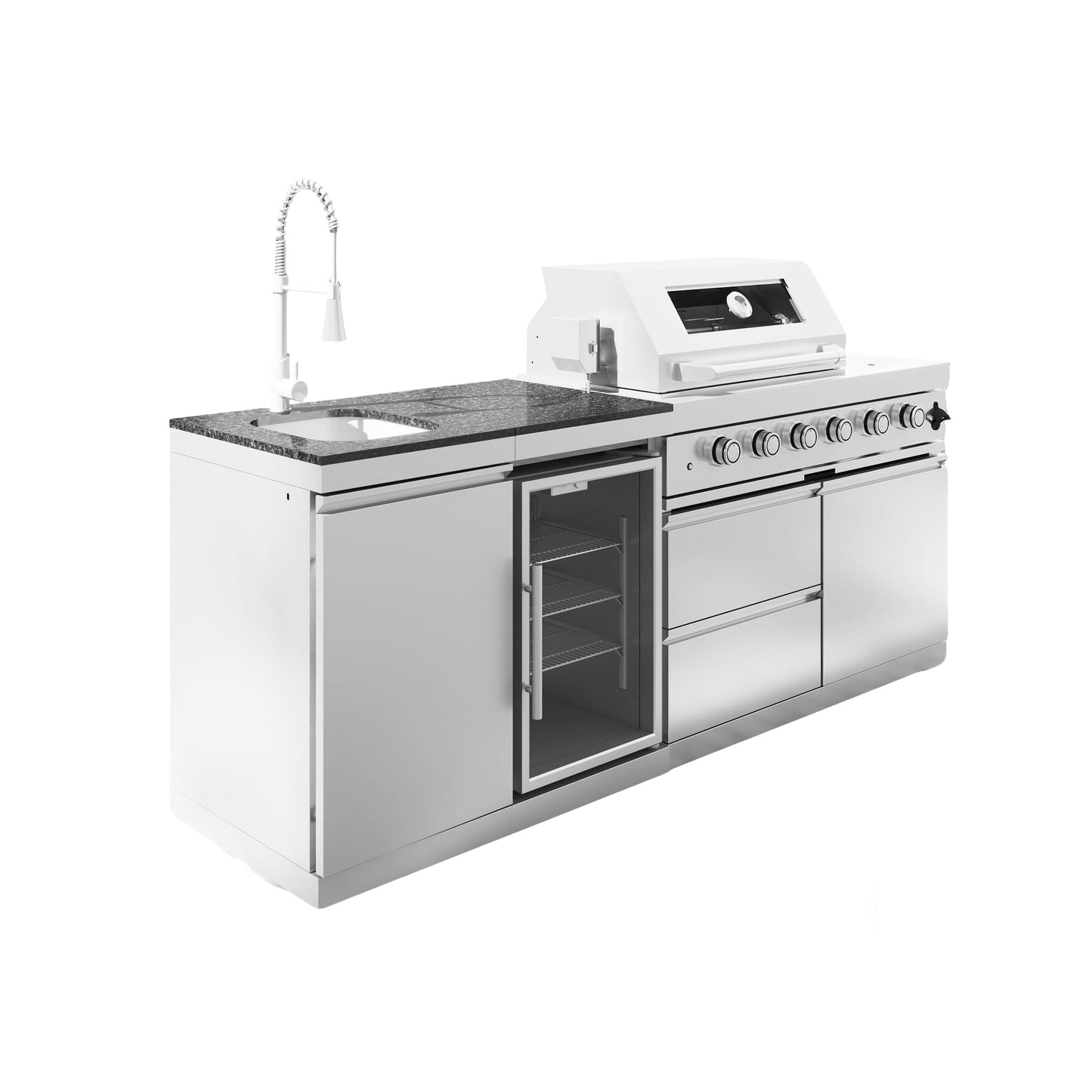 LPG 4-Burner 72000 BTU Stainless Steel Outdoor Kitchen Island Grill,Wine Cooler Refrigerator,Motorized Spit Kit,Granite Countertop, Sink, Infrared Rear Sear Station, Drawers, Cabinet, Wheels (Silver)